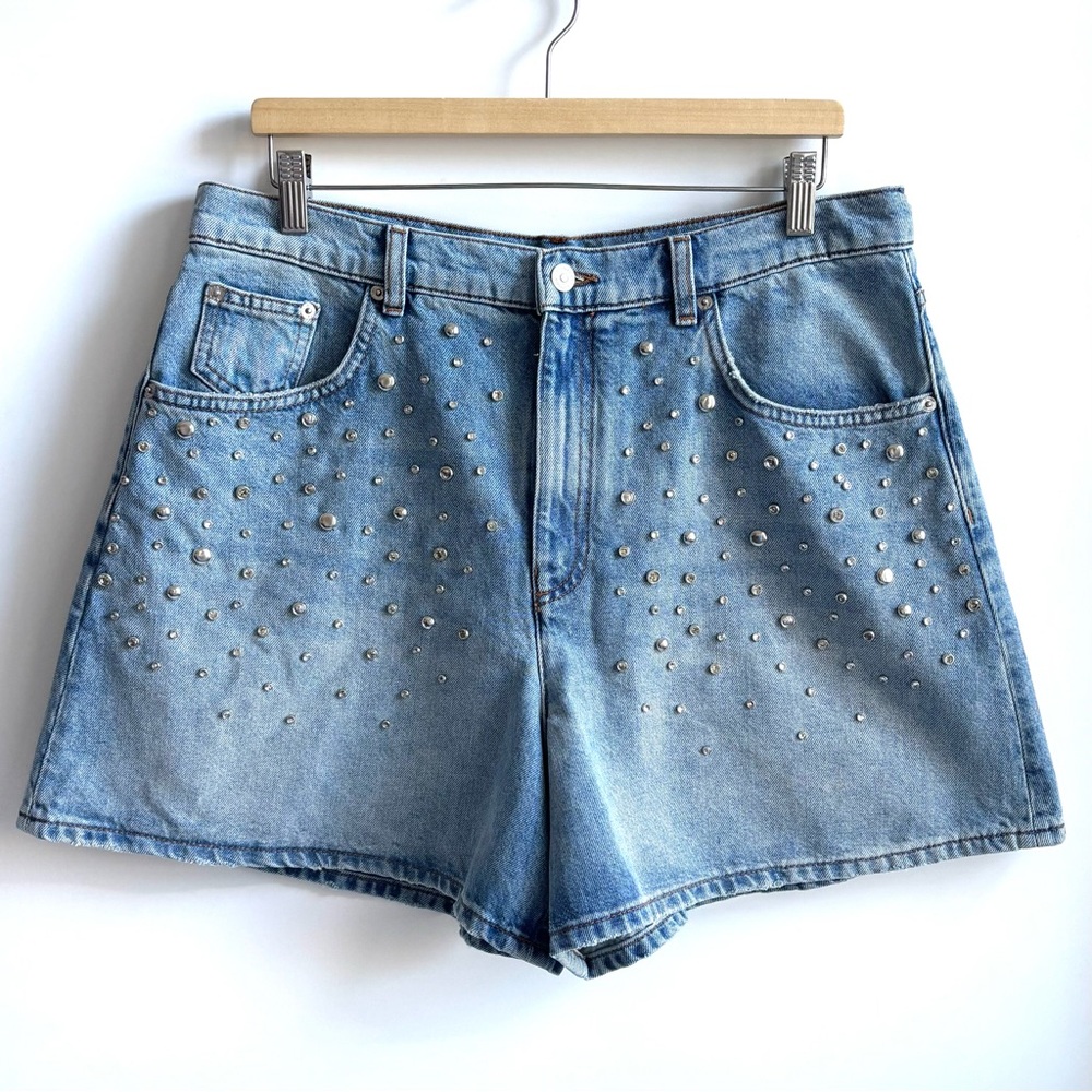 Maje Studed High Rise Blue Denim Jeans Shorts Size EU 42 US XL/10-12